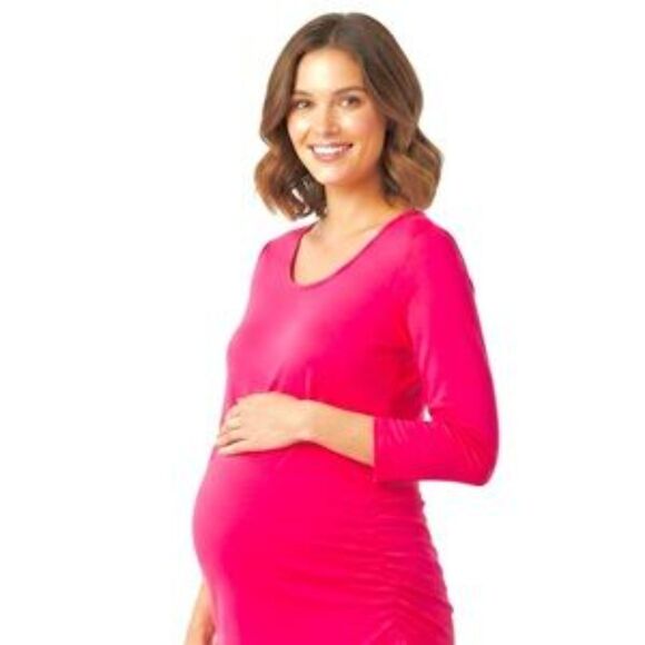 Motherhood Maternity Tops - Motherhood Maternity Pink 3/4 Sleeve Ruched Sides Top Size Small